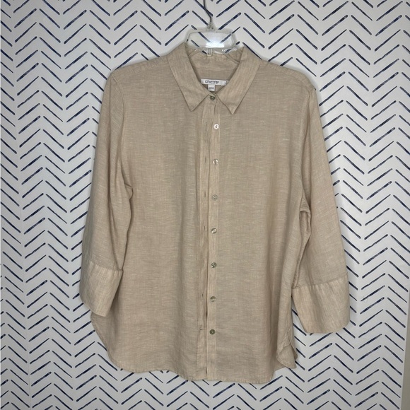 Chicos Beige No Iron™ Linen 3/4 Sleeve button down Shirt Size 12 - Picture 5 of 7